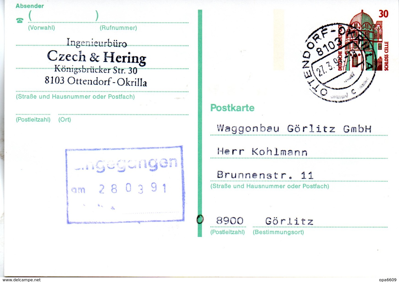 BRD Amtliche Ganzsachen-Postkarte P 147 WSt "Schloß Celle"30 (Pf) Braun/grün, TSt. 27.3.1991 OTTENDORF-OKRILLA - Postkarten - Gebraucht