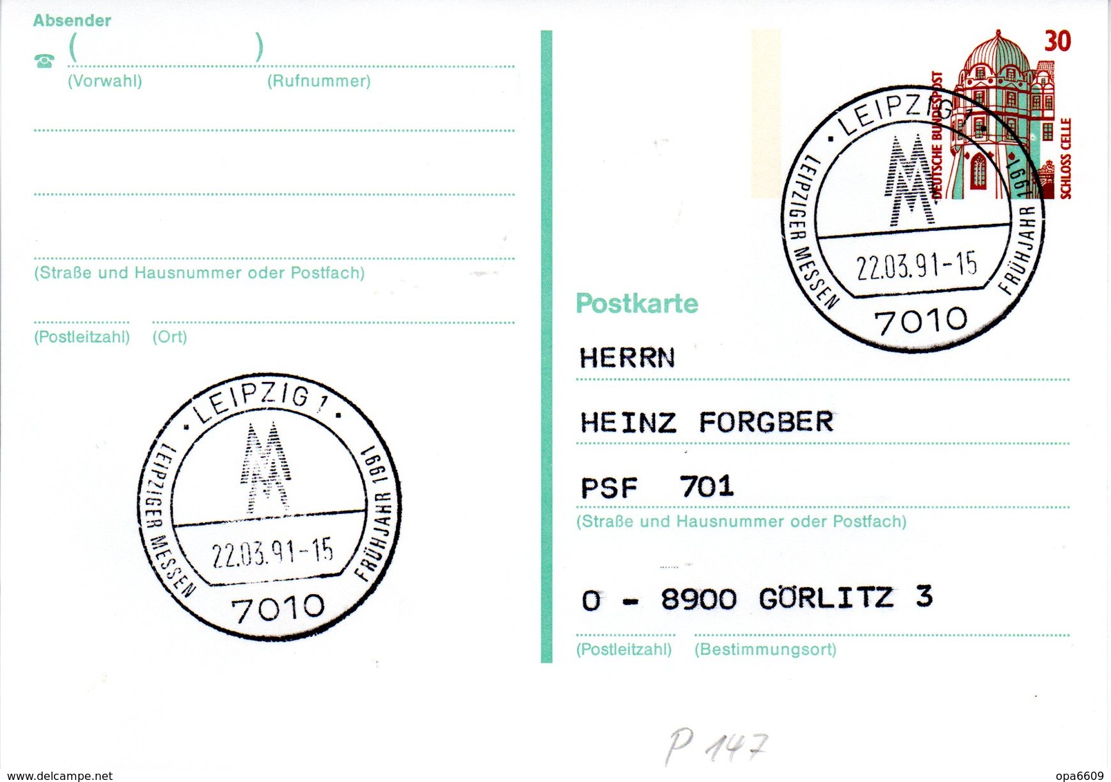 BRD Amtliche Ganzsachen-Postkarte P 147 WSt "Schloß Celle"30 (Pf) Braun/grün, SSt. 22.3.1991 LEIPZIG 1 - Postkarten - Gebraucht