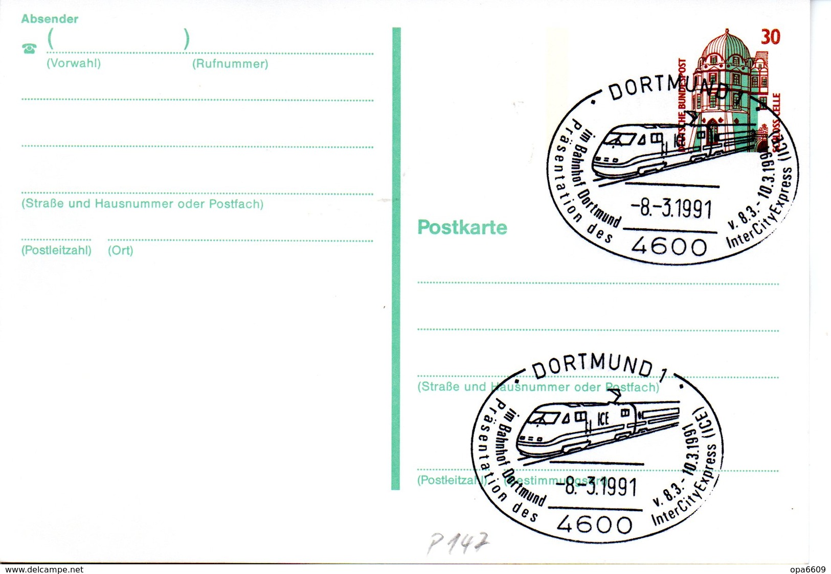 BRD Amtliche Ganzsachen-Postkarte P 147 WSt "Schloß Celle"30 (Pf) Braun/grün, SSt. 8.3.1991 DORTMUND 1 - Postkarten - Gebraucht