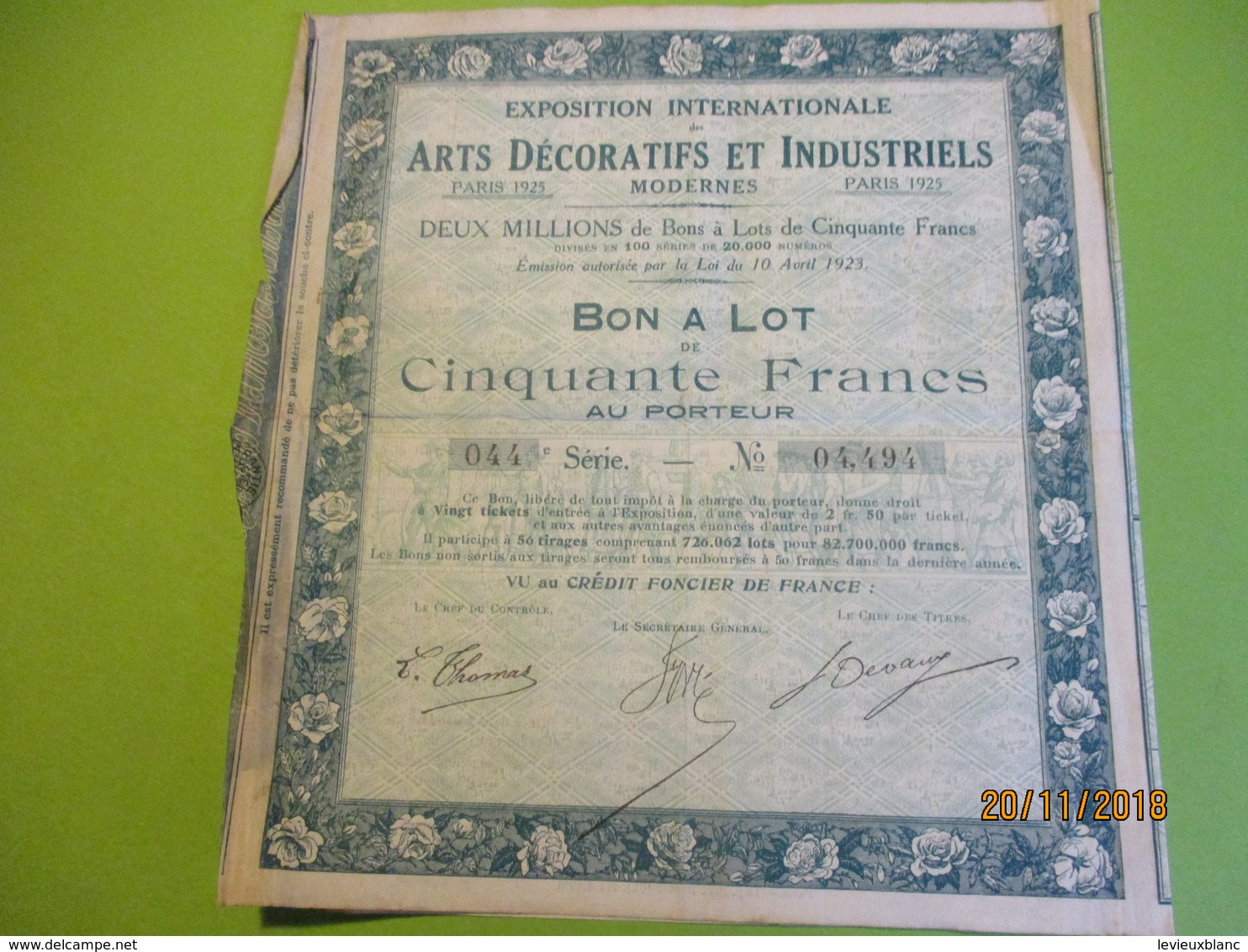 Bon à Lot 50 Fr Porteur/Exposition Internationale Arts Décoratifs Et Industriels Modernes/Imp DUPONT/PARIS/1923   ACT151 - Industrie