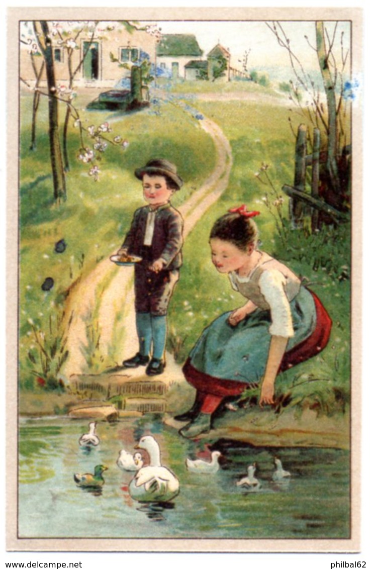 Chromo Enfants Nourissant Les Canards Au Bord De La Mare. - Other & Unclassified