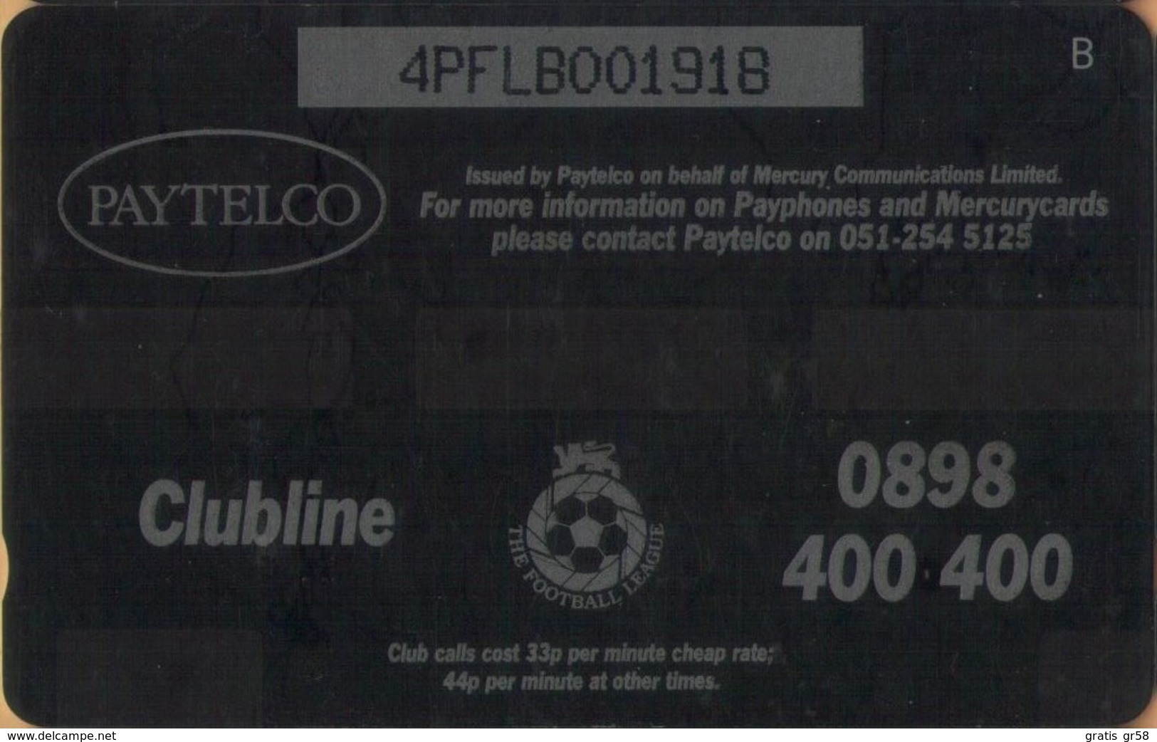 Mercury - GPT, Paytelco. PYF033, Manchester United Photo, 4PFLB/SB, Football Clubs, 7,109 Ex, Used As Scan - [ 4] Mercury Communications & Paytelco