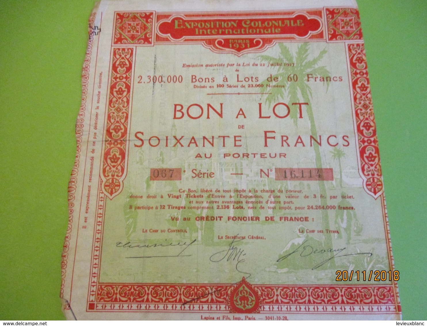 Bon à Lot 60 Fr Porteur/Exposition Coloniale Internationale/Imp Lapins & Fils/PARIS/1931                 ACT153 - Tourism