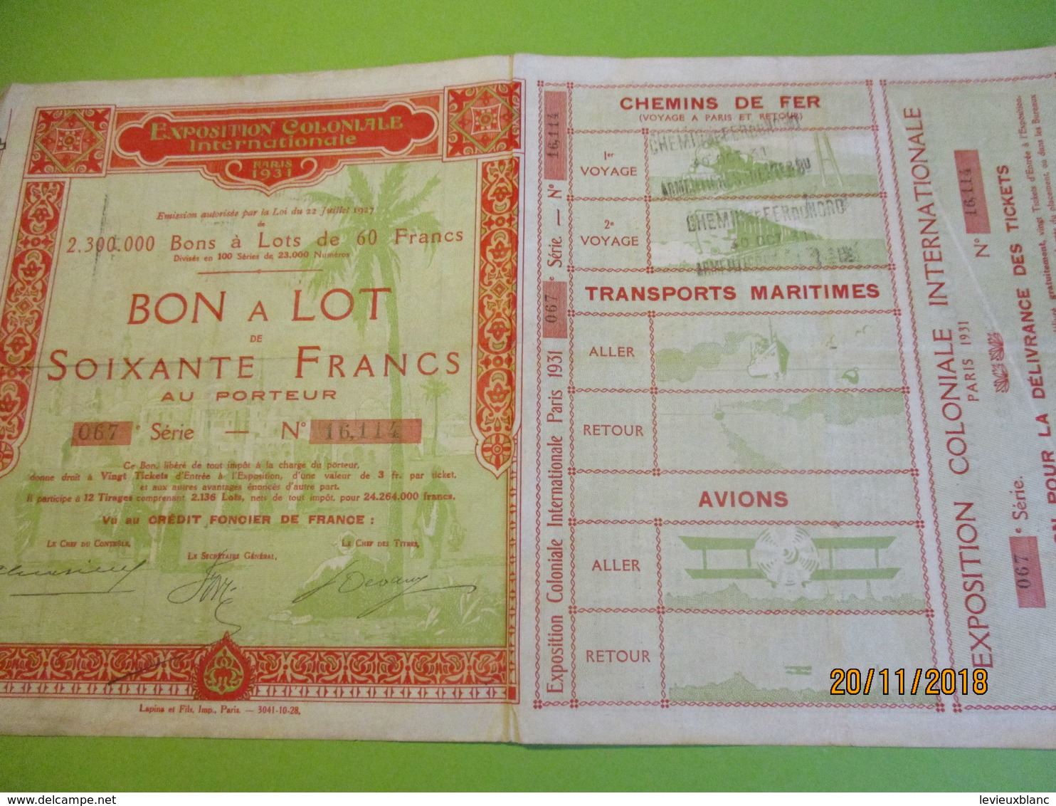Bon à Lot 60 Fr Porteur/Exposition Coloniale Internationale/Imp Lapins & Fils/PARIS/1931                 ACT153 - Toerisme