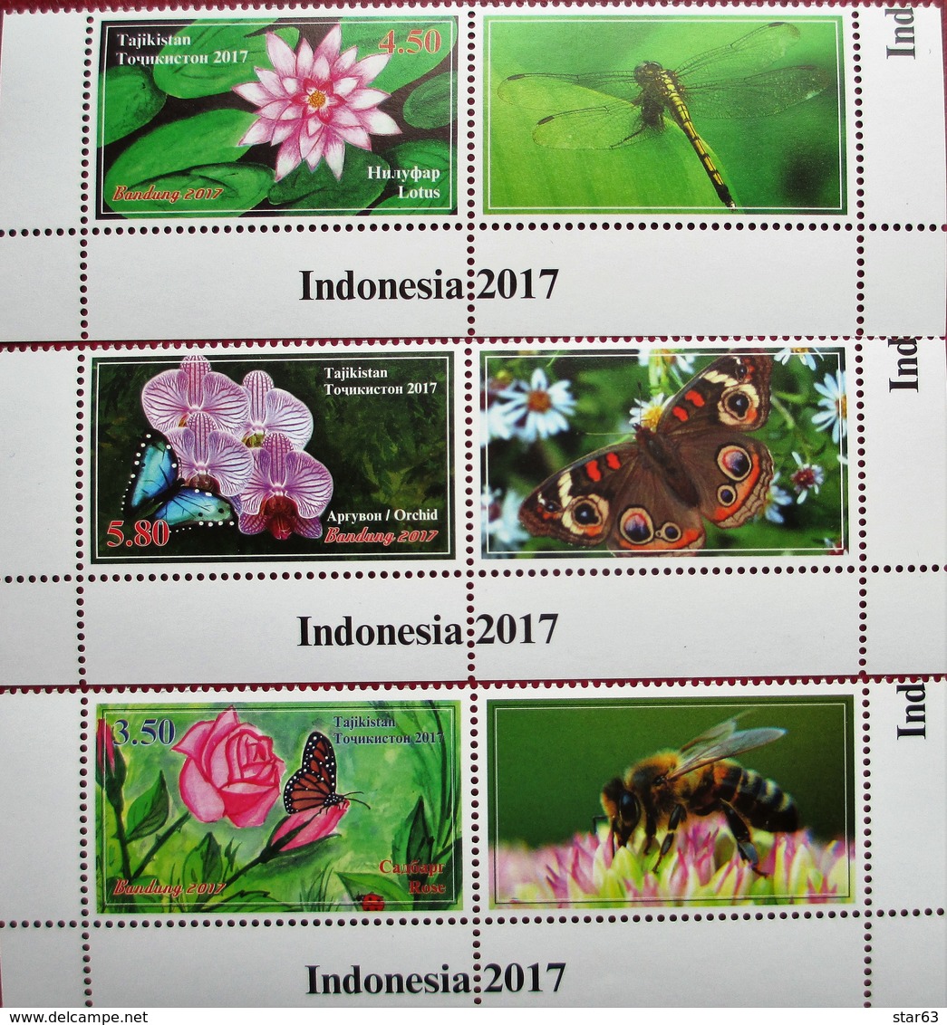 Tajikistan  2017 Flowers - Rose Orchid  Lotos  Insects -Butterflies And... 3 V + Labels  MNH - Autres & Non Classés