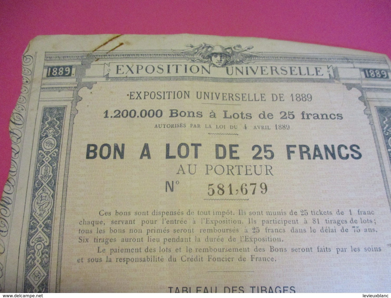 Bon à Lot De 25 Francs Au Porteur/ Exposition Universelle/PARIS/Vve Ethiou Pérou/ 1889               ACT154 - Tourismus