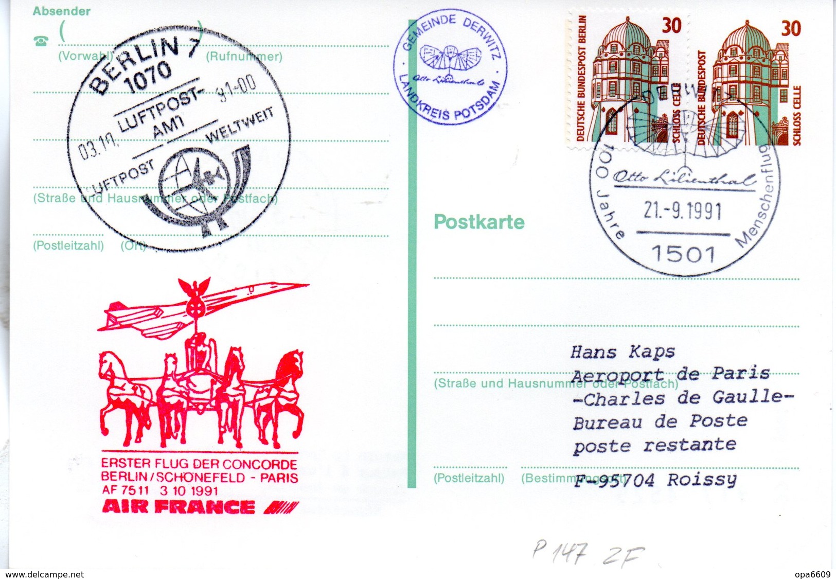 BRD Amtliche Ganzsachen-Postkarte P 147 ZF WSt "Schloß Celle"30 (Pf) Braun/grün, SSt. 21.9.1991 DERWITZ - Postkarten - Gebraucht