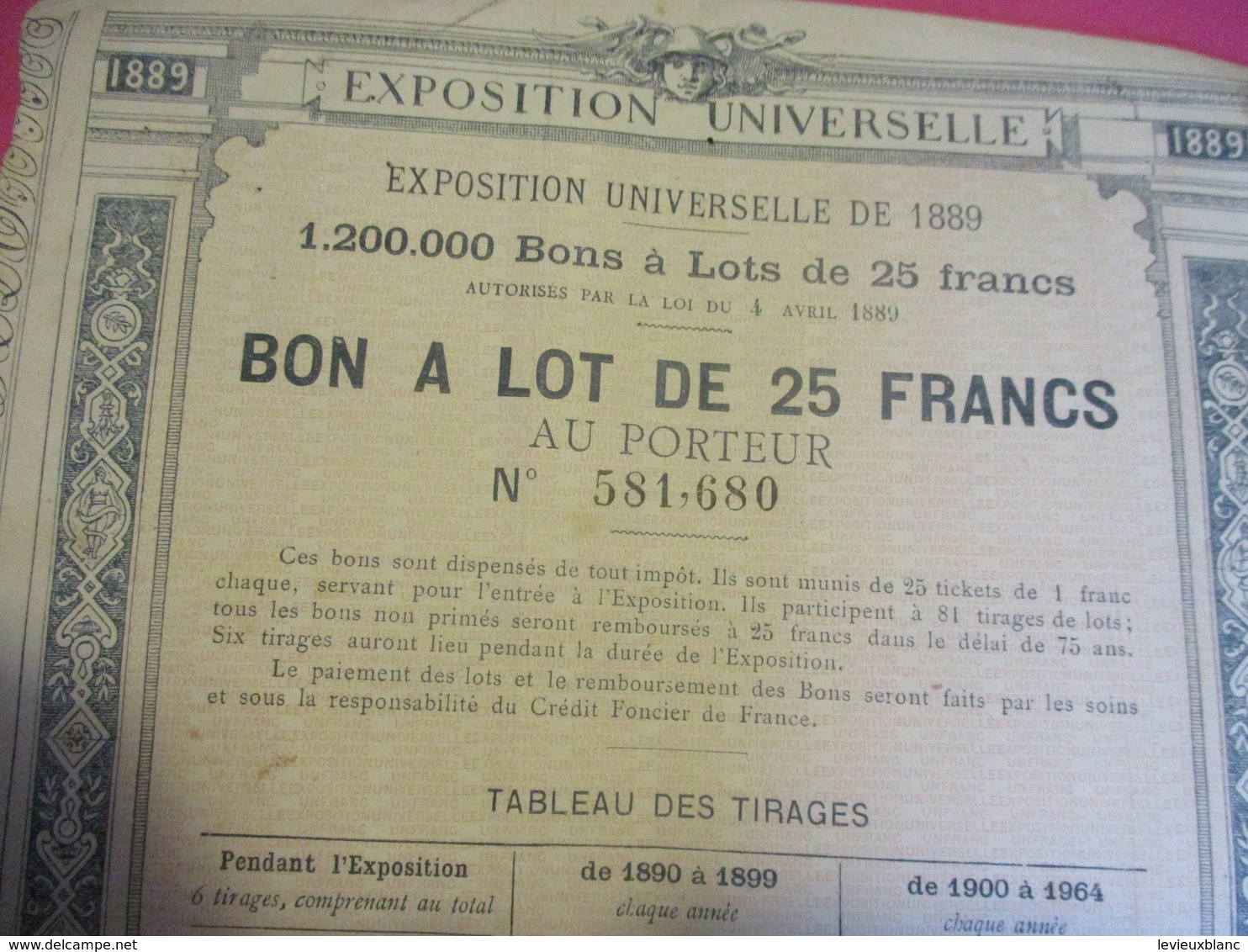 Bon à Lot De 25 Francs Au Porteur/ Exposition Universelle/PARIS/Vve Ethiou Pérou/ 1889               ACT155 - Tourisme