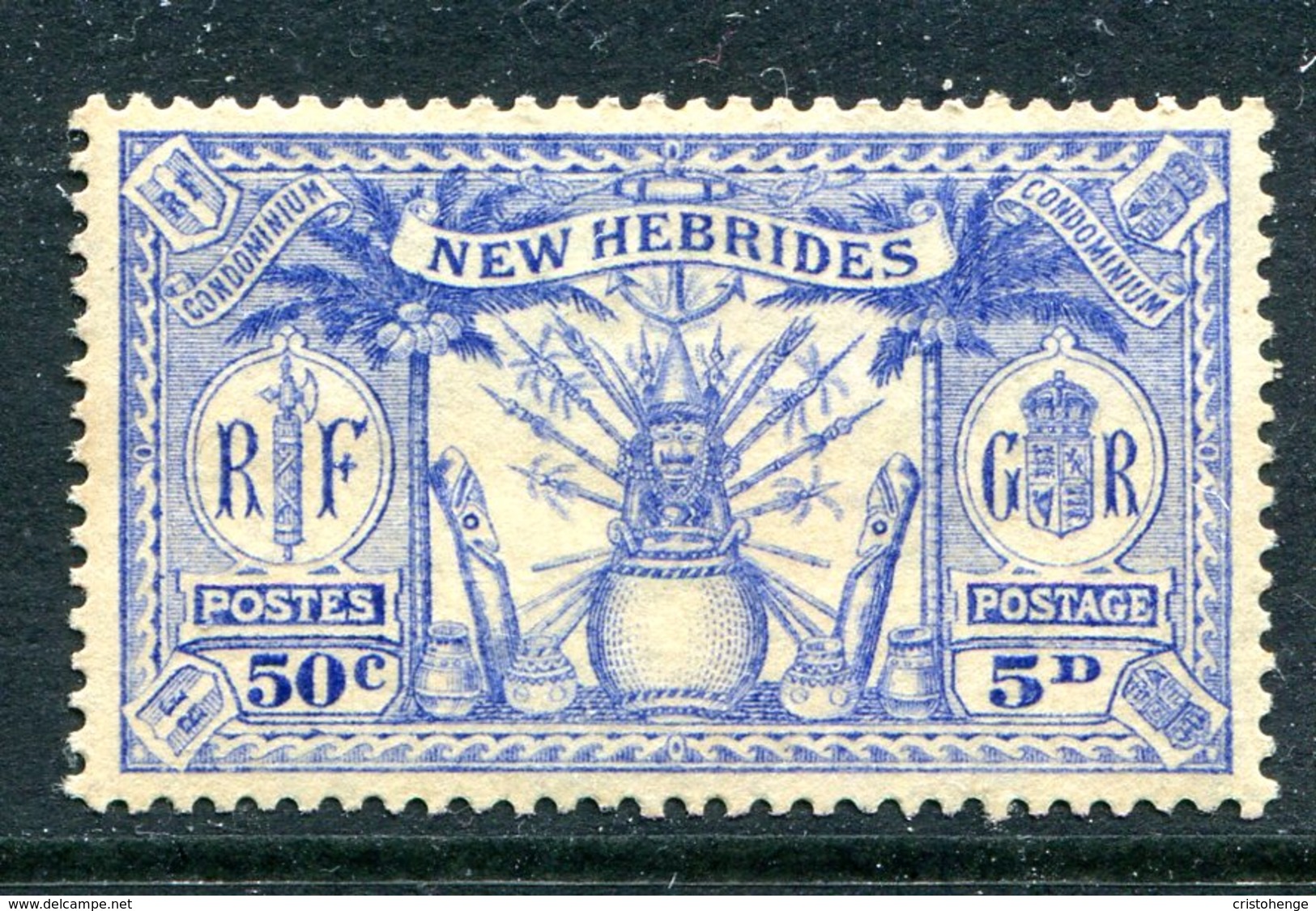 New Hebrides 1925 Weapons & Idols - Dual Currency - 5d (50c) Ultramarine HM (SG 47) - Neufs