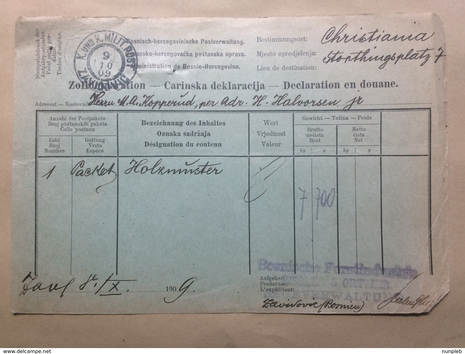 BOSNIA And HERZEGOVINA - Customs Declaration - 1909 Zavidovici To Oslo Norway (Christiania) - Bosnia And Herzegovina