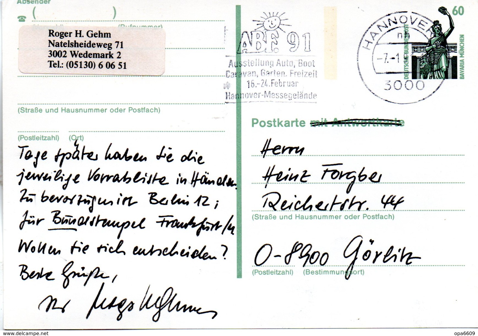 BRD Amtl. Ganzsachen-Postkarte P 146F Frageteil WSt. "Sehenswürdigkeiten" 60(Pf) Graugrün, MWSt 7.1.91 HANNOVER - Postkarten - Gebraucht