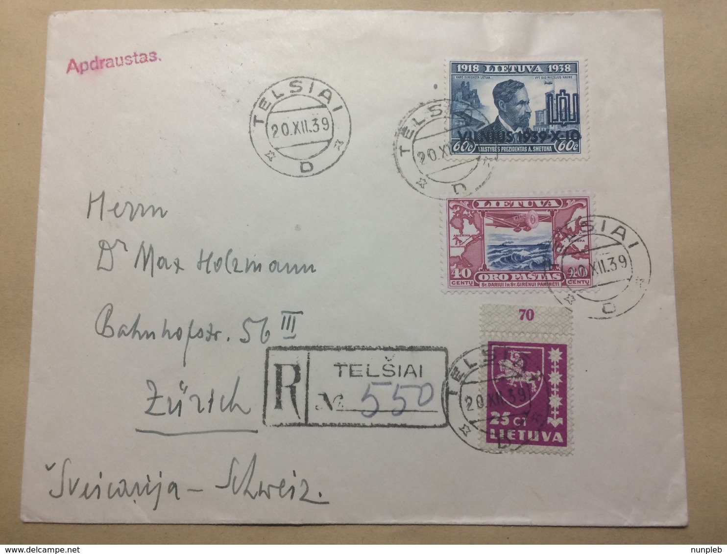 LITHUANIA 1939 Cover Registered Telsiai To Zurich Switzerland - Apdraustas Insured - - Lithuania