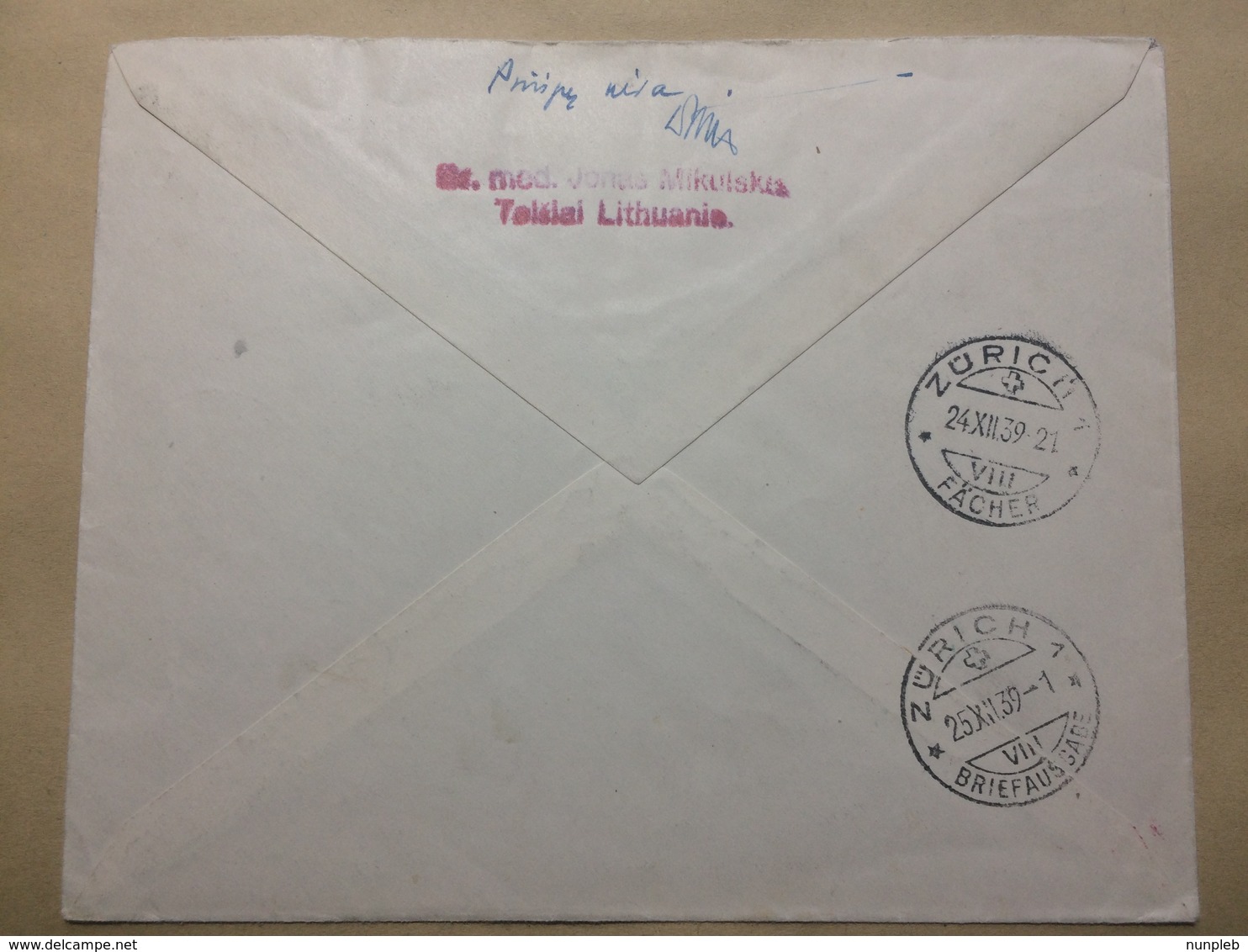 LITHUANIA 1939 Cover Registered Telsiai To Zurich Switzerland - Apdraustas Insured - - Lithuania