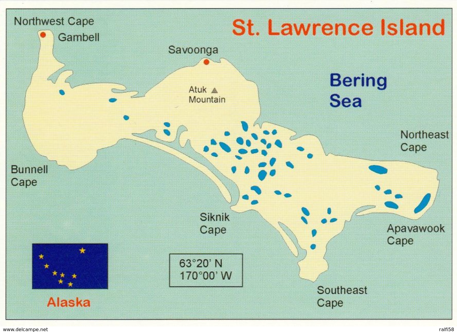 1 Map Of St. Lawrence Island USA Alaska * 1 Ansichtskarte Mit Der Landkarte Der Insel St. Lawrence * - Landkarten