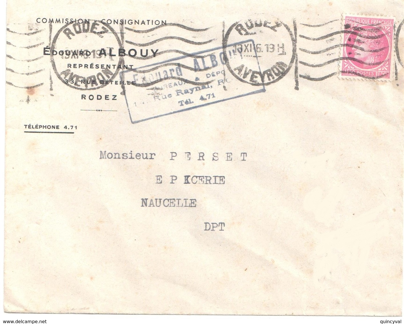 RODEZ Aveyron Lettre Entête ALBOUY 1,50F Mazelin Yv 679 Ob Meca Krag Echoppée Limée ROD107 13 11 1946 Carte De Visite - Covers & Documents