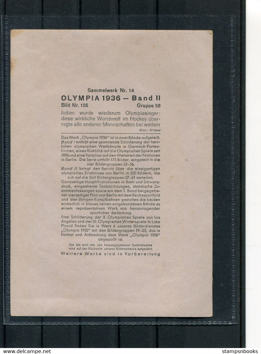 1936 Germany Berlin Olympics Olympia Sammelwerk 14 Bild 155 Gruppe 58 India Hockey - Trading Cards