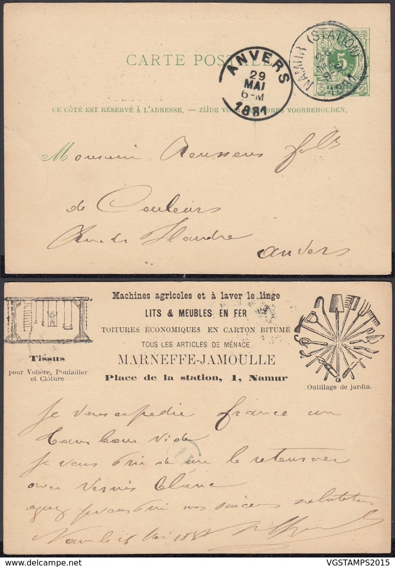 BELGIQUE EP 5c 1881 DE NAMUR VERS ANVERS REPIQUAGE PUB "AGRICULTURE+JEUX ENFANTS"  (DD) DC-2074 - Cartes Postales 1871-1909
