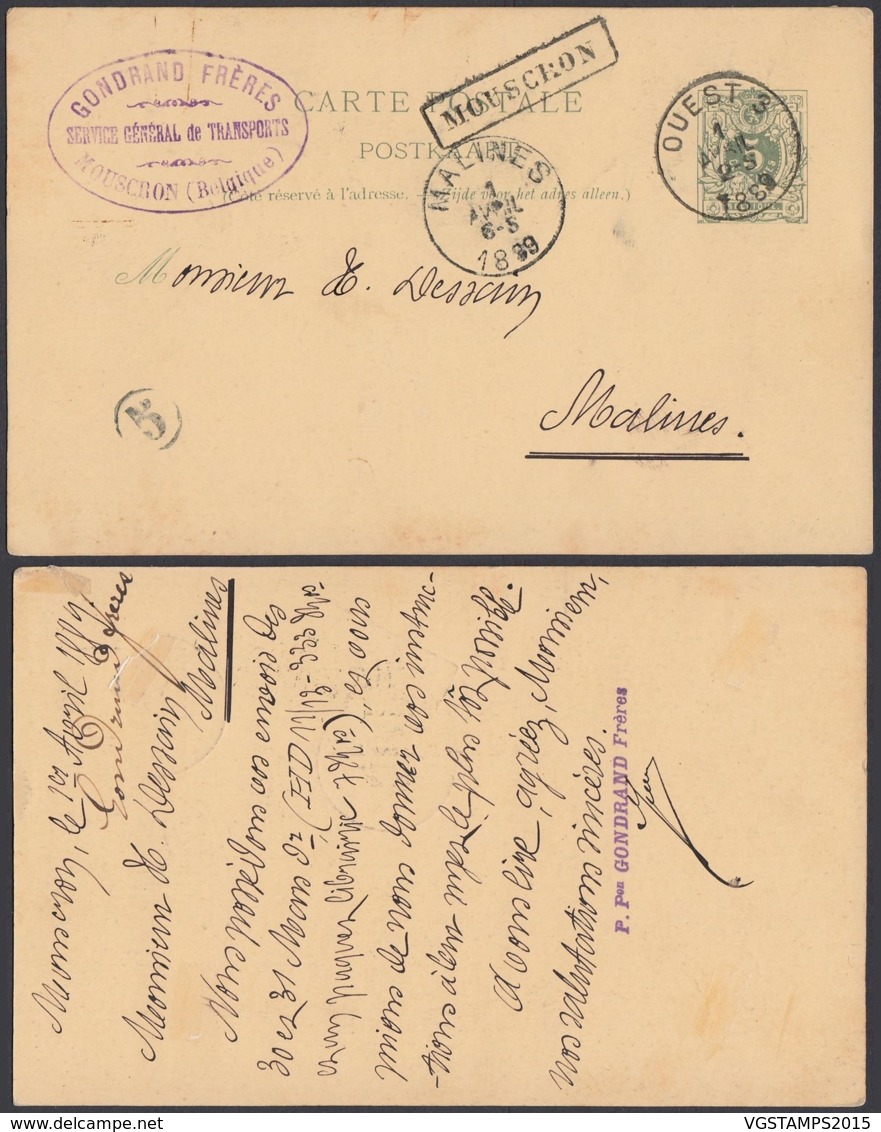 BELGIQUE EP5c 01/04/1889 OBL AMBULANT "OUEST 3" + GRIFFE MOUSCRON VERS MALINES  (DD) DC-2082 - Postcards 1871-1909