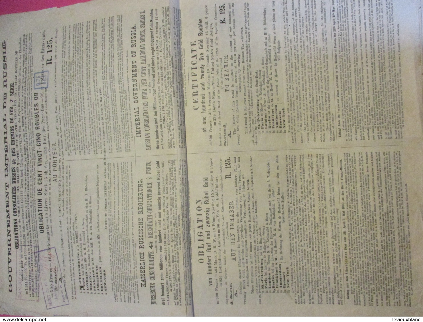 Obligation  Consolidées De 125 Roubles Or/Gouvernement Impérial De RUSSIE/Emprunt Russe 4% Or De 1889             ACT160 - Russia