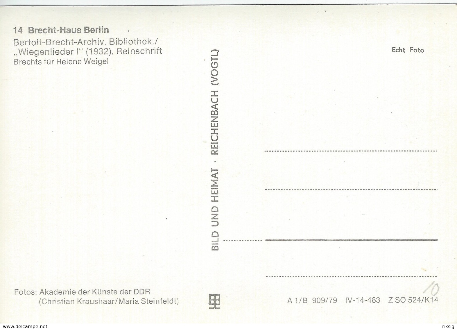 Brecht - Haus - Berlin.  Bertolt-Brecht-Archiv. Bibliotek  B-3551 - Bibliotheken