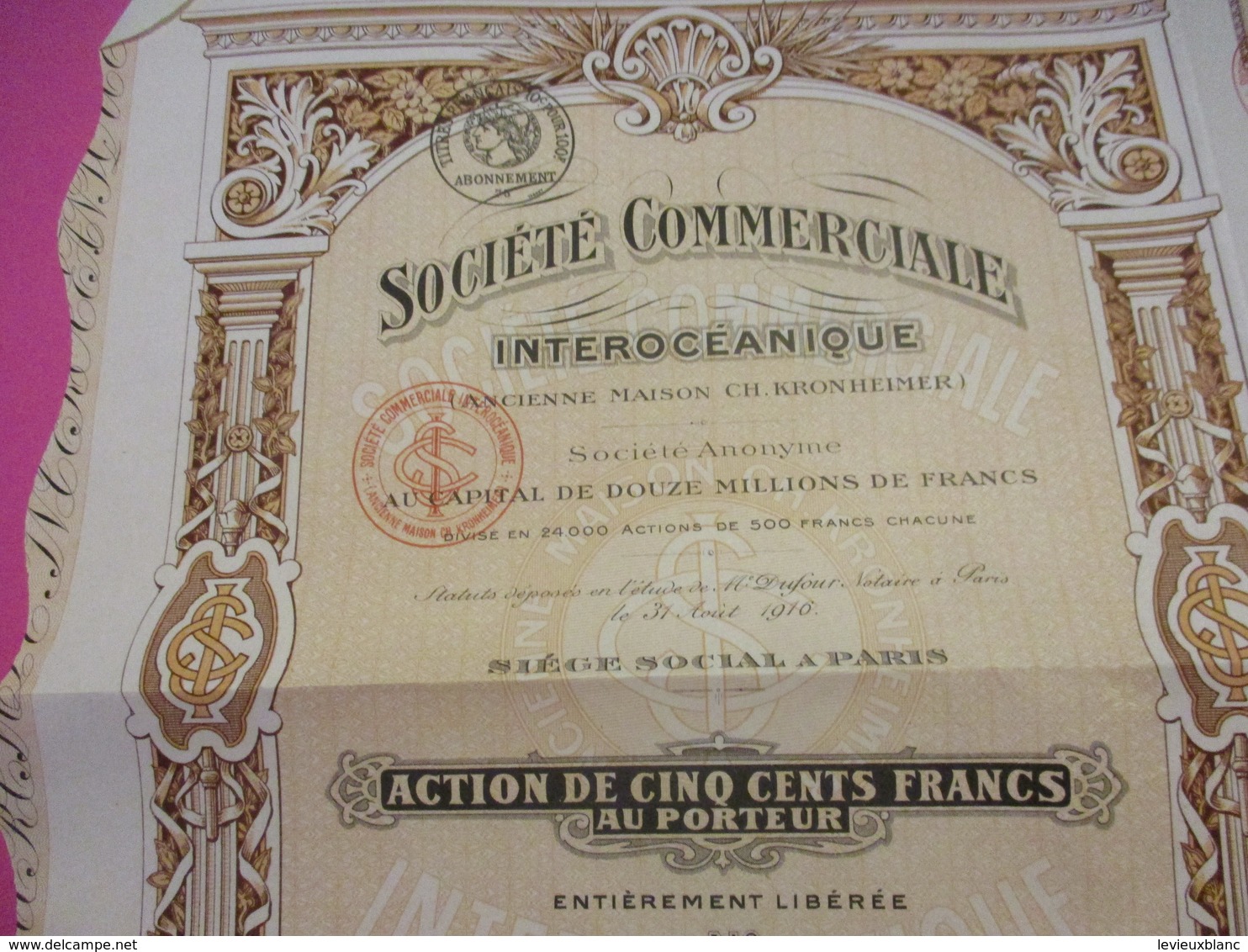Action De 500 Francs Au Porteur / Société Commerciale Interocéanique/Chaix/ PARIS/1916      ACT161 - Navy
