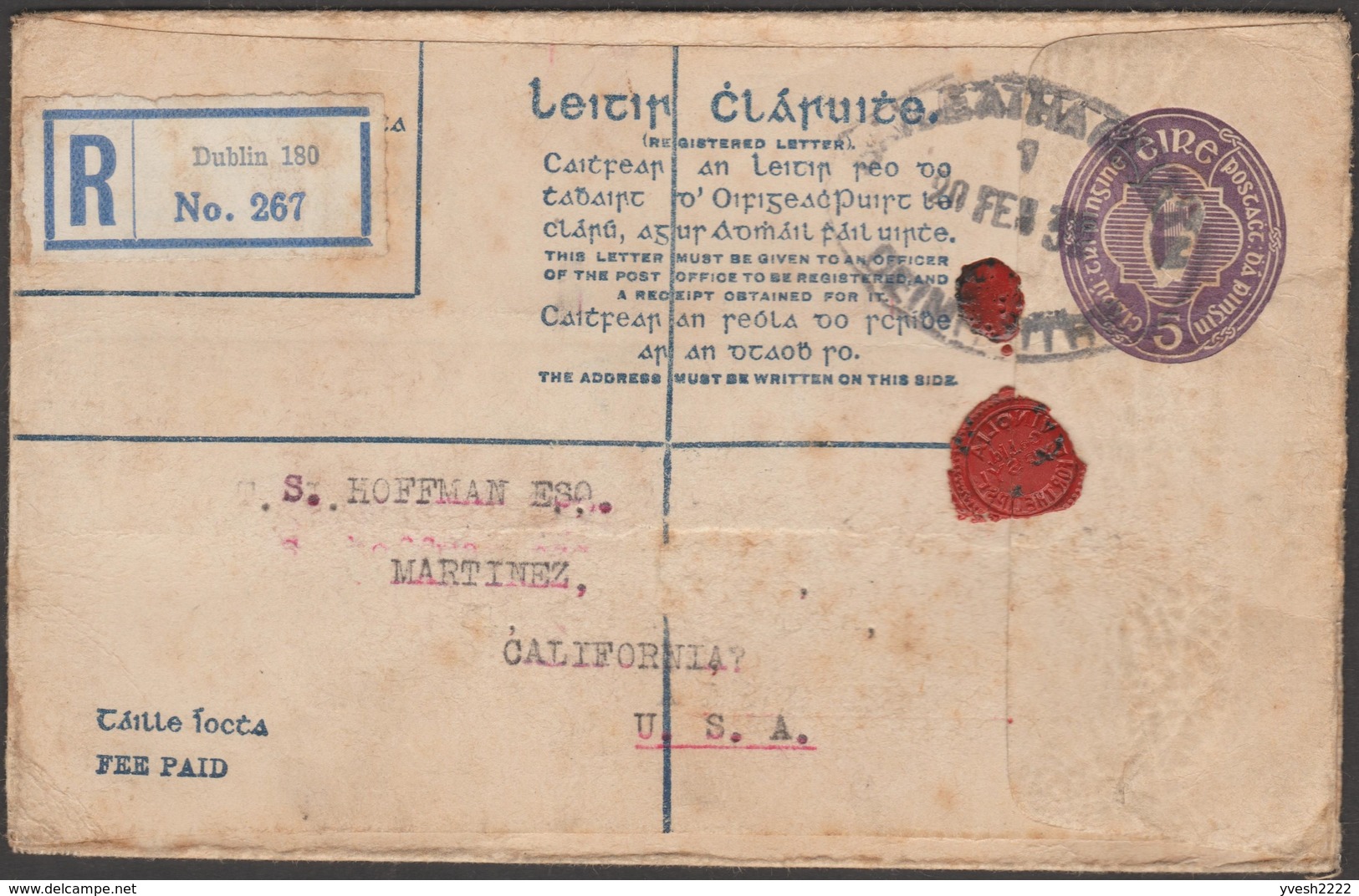 Irlande 1932. Enveloppe, Entier Recommandé. 153 X 96 Mm, Timbre à 5 P - Interi Postali