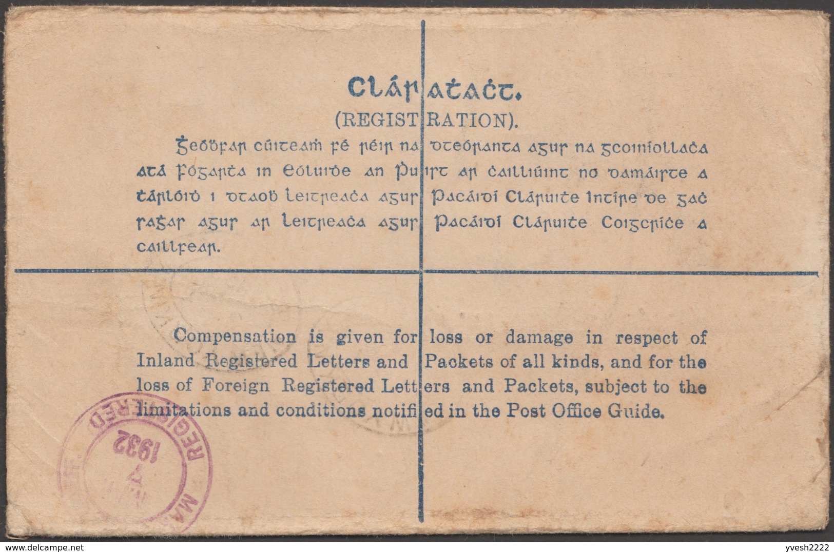 Irlande 1932. Enveloppe, Entier Recommandé. 153 X 96 Mm, Timbre à 5 P - Interi Postali