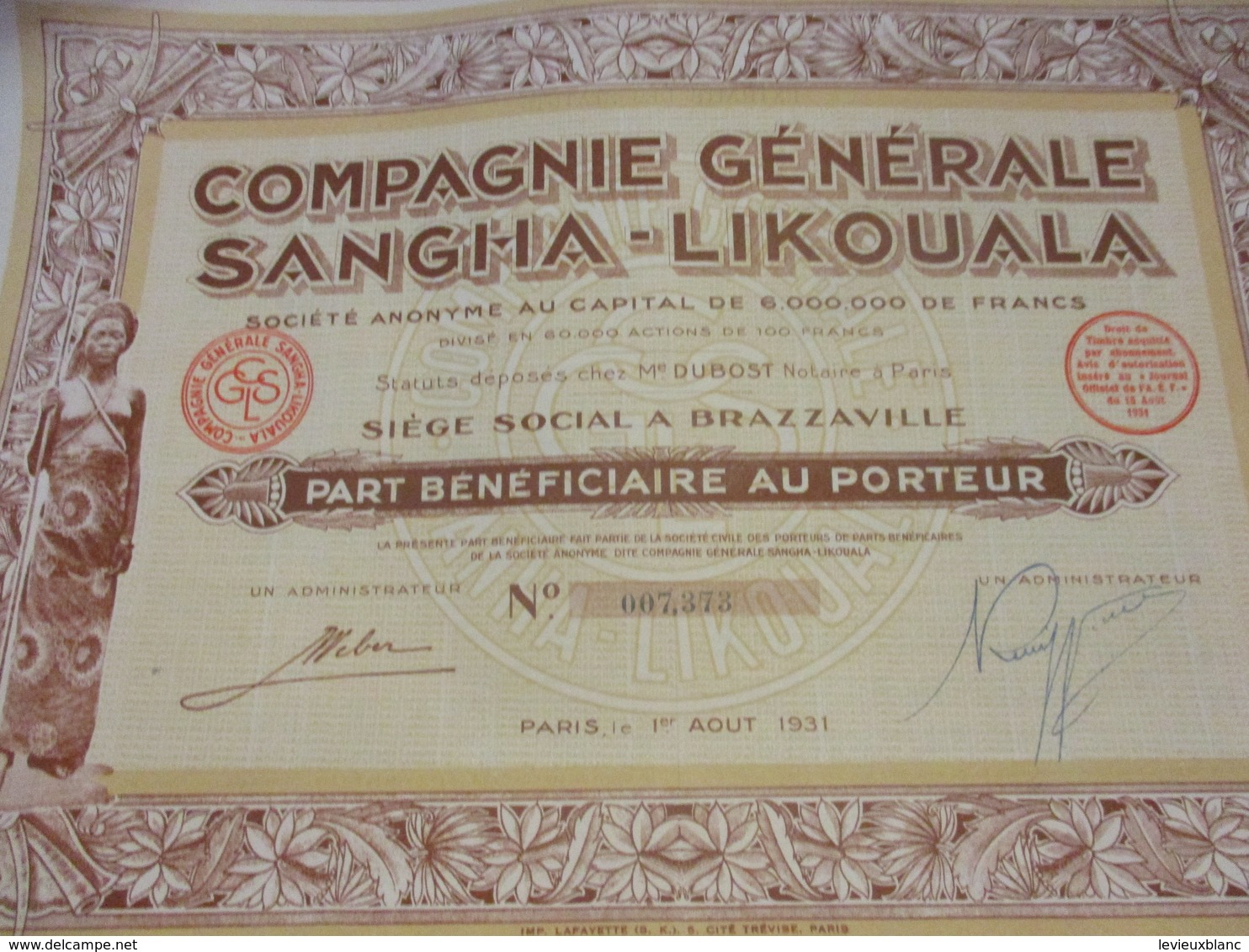 Part Bénéficiaire Au Porteur/ Compagnie Générale SANGHA-LIKOUALA/Brazzaville/Imp Lafayette /1931     ACT162 - Afrique