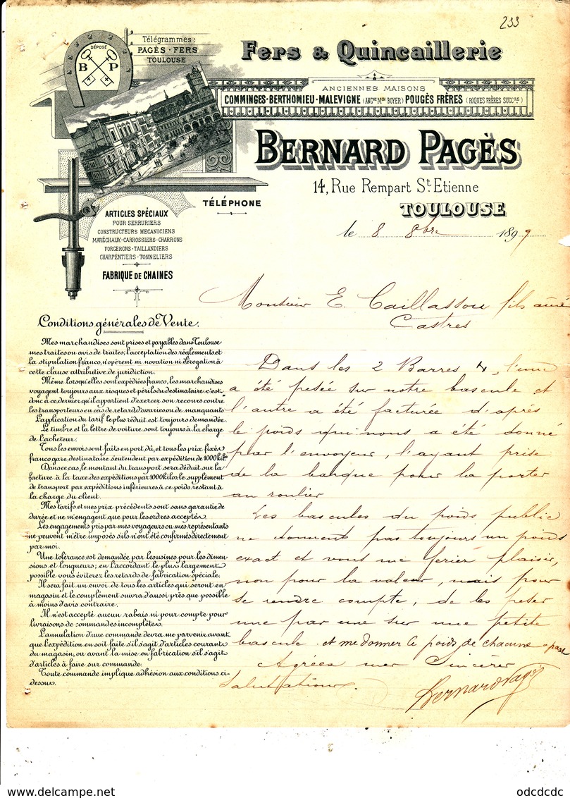 Fers & Quincaillerie Bernard Pagès 14 Rue Rempart St Etienne Toulouse 1897 - Autres & Non Classés