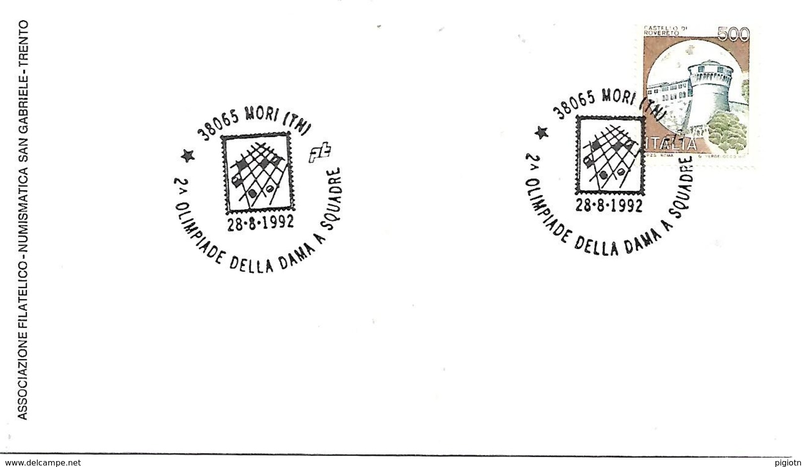 SG9206 - MARCOFILIA - MORI - 2° OLIMPIADE DELLA DAMA A SQUADRE - 28.08.1992 - SU BUSTA - 1991-00: Poststempel