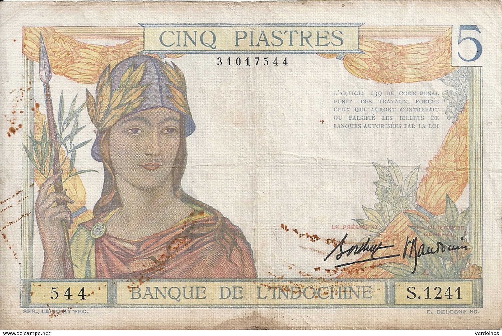 INDOCHINE 5 PIASTRES ND1936 VF P 55  B - Indochine