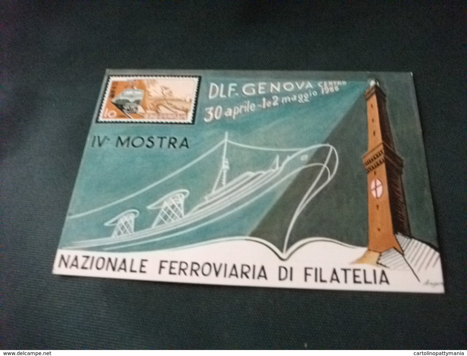 IV MOSTRA NAZIONALE FERROVIARIA DI FILATELIA NAVE SHIP LANTERNA FARO TRENO ILLUSTRATORE ANGON 1966 - Bolsas Y Salón Para Coleccionistas