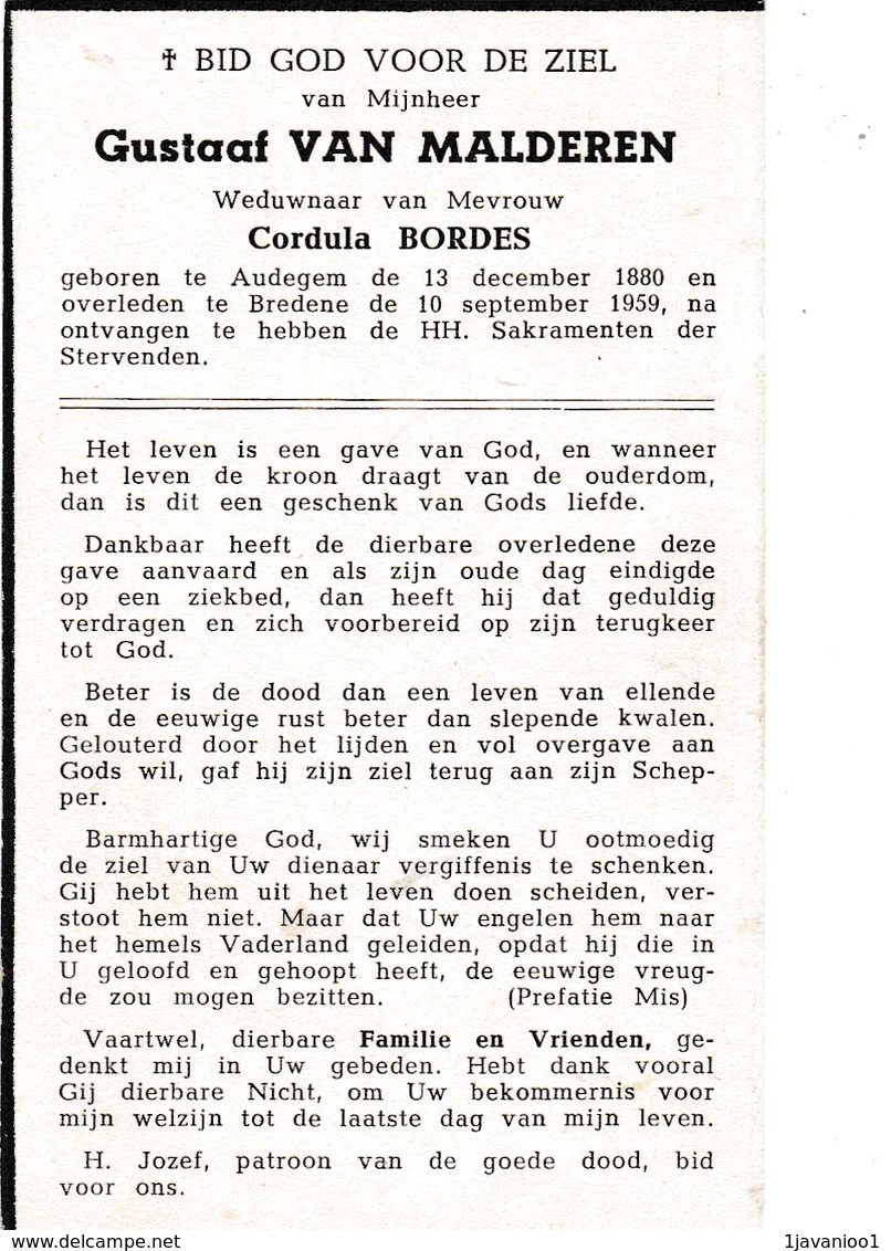 Audegem, Bredene, 1959, Gustaaf Van Malderen, Bordes - Images Religieuses