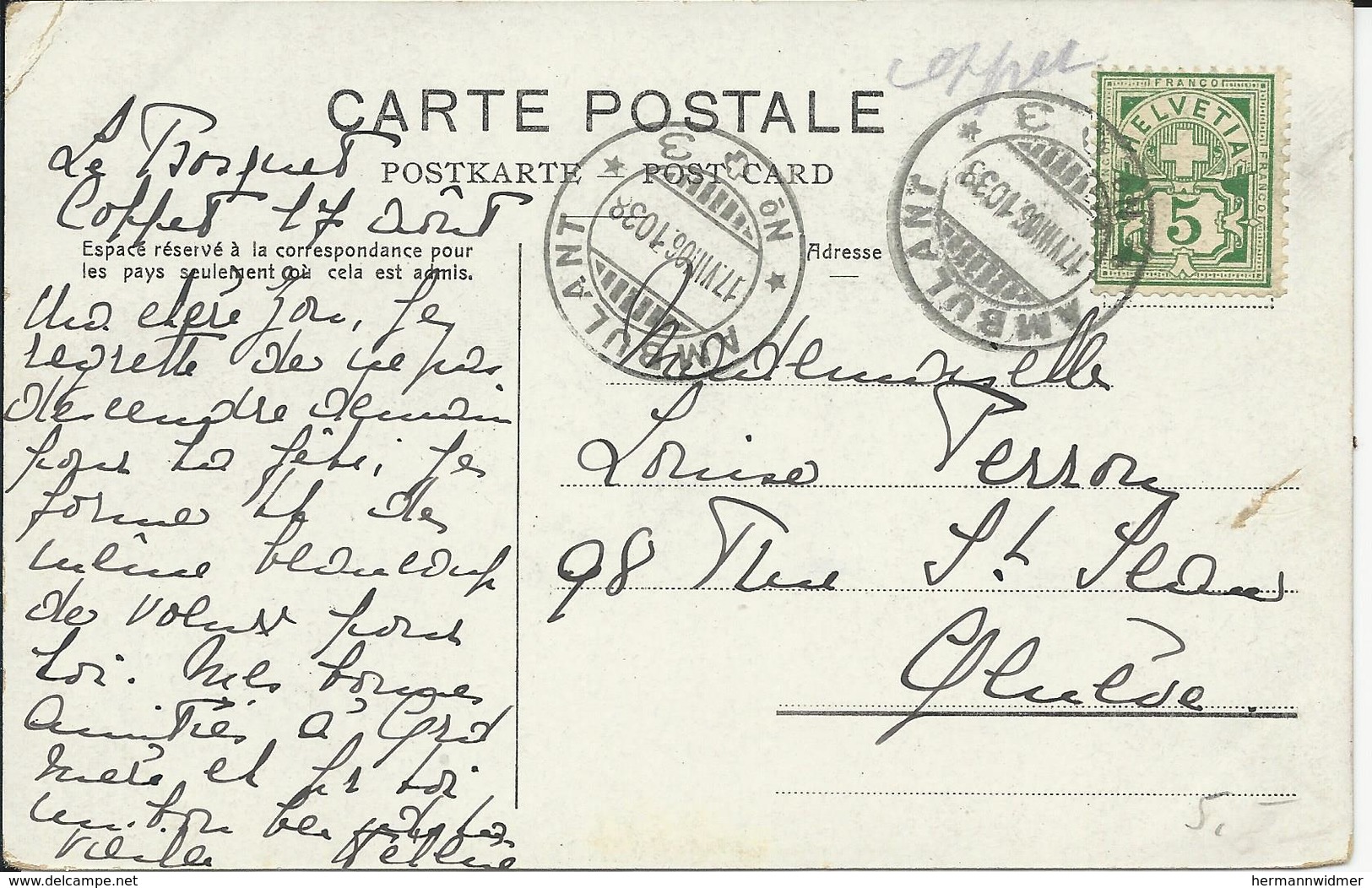 82, Type Chiffre, Vert, Obl. Ambulant 17.VII.06, Verso Carte Du Bourg De Coppet - Storia Postale
