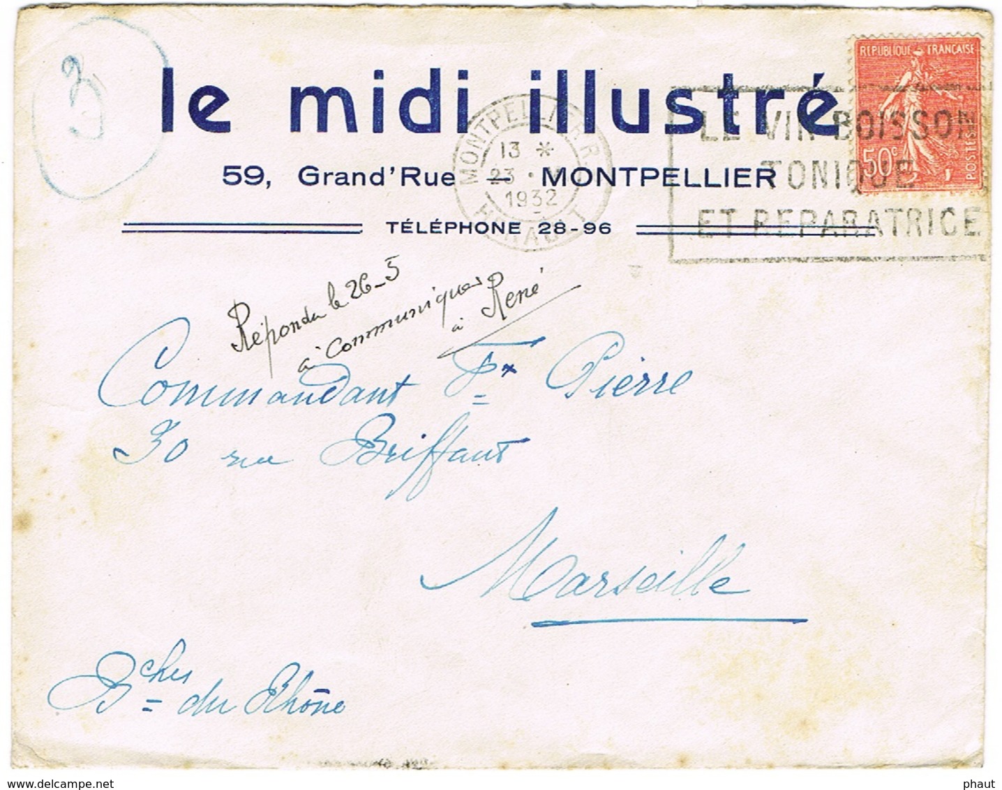 ENVELOPPE  A EN-TETE LE MIDI ILLUSTRE MONTPELLIER - 1921-1960: Période Moderne