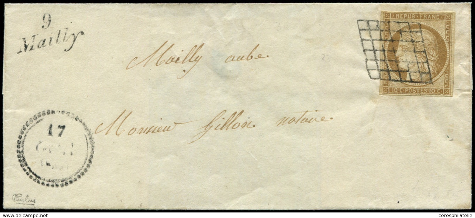 Let EMISSION DE 1849 - 1    10c. Bistre-jaune, Obl. GRILLE S. LSC, Cursive 9/MAILLY, Dateur B 17 OCT_, Port Local, TTB.  - 1849-1850 Cérès