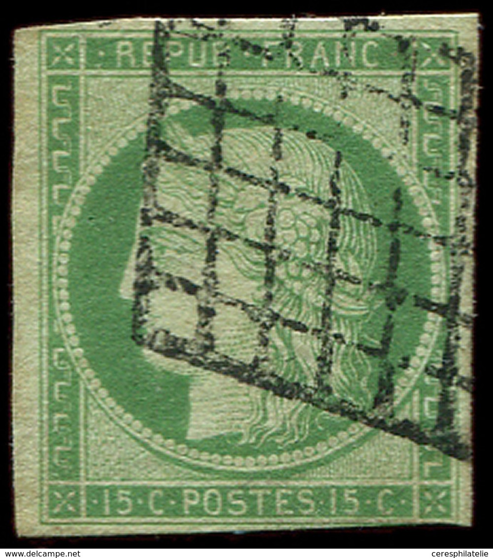 EMISSION DE 1849 - 2    15c. Vert, Obl. GRILLE, Filet Touché Dans Un Angle, B/TB - 1849-1850 Ceres