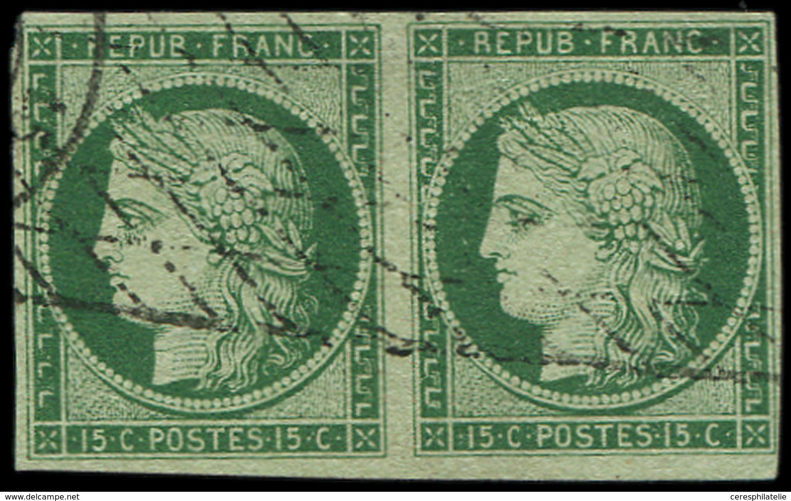 EMISSION DE 1849 - 2b   15c. Vert FONCE, PAIRE Obl. GRILLE SANS FIN, Très Frais Et TB. C Et Br, Cote Maury - 1849-1850 Cérès
