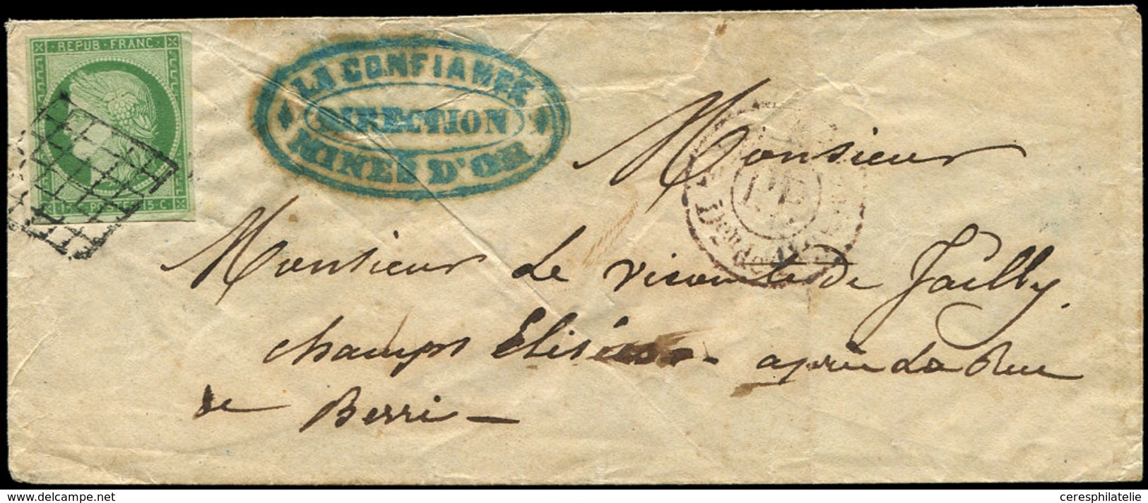 Let EMISSION DE 1849 - 2    15c. Vert, Obl. GRILLE S. LSC, Càd Rouge PARIS/PP/Diston De 4h.s, Arr. 11/10/50 Au Verso, TB - 1849-1850 Ceres