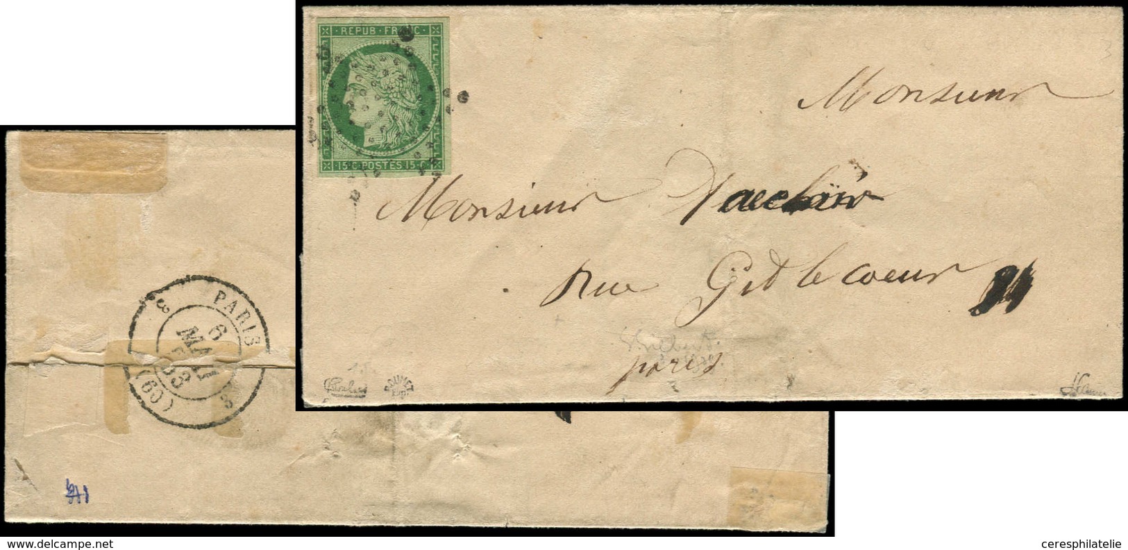 Let EMISSION DE 1849 - 2    15c. Vert, Obl. ETOILE S. LSC, Au Verso Càd PARIS 6/5/53, TB. C - 1849-1850 Ceres