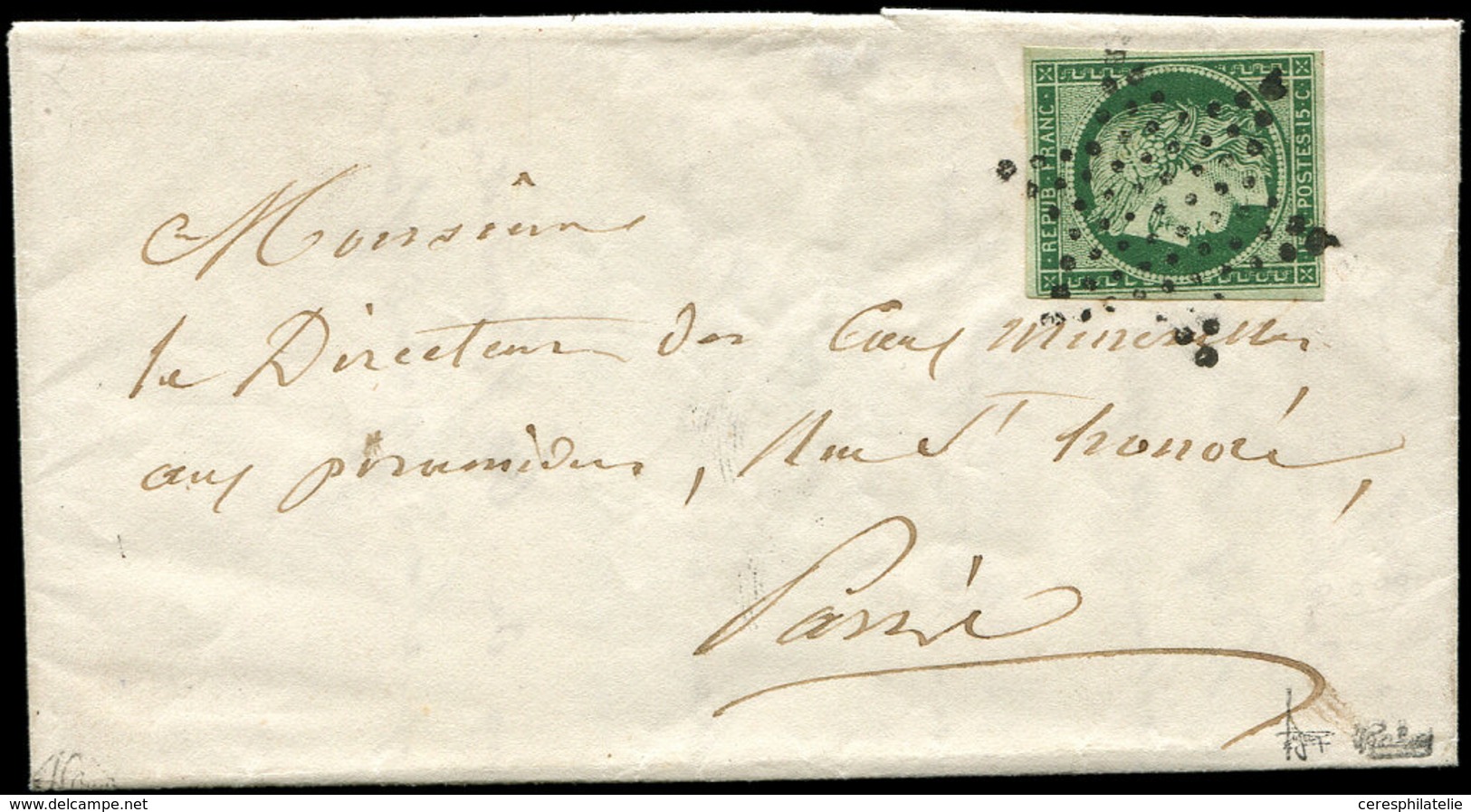 Let EMISSION DE 1849 - 2c   15c. Vert TRES FONCE, Obl. ETOILE S. LAC Du 27/12/52 De Paris Pour Paris, Superbe, Certif. C - 1849-1850 Ceres