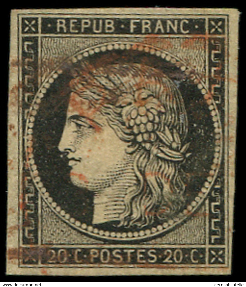 EMISSION DE 1849 - 3    20c. Noir Sur Jaune, Obl. GRILLE ROUGE (2 Frappes), TB - 1849-1850 Ceres