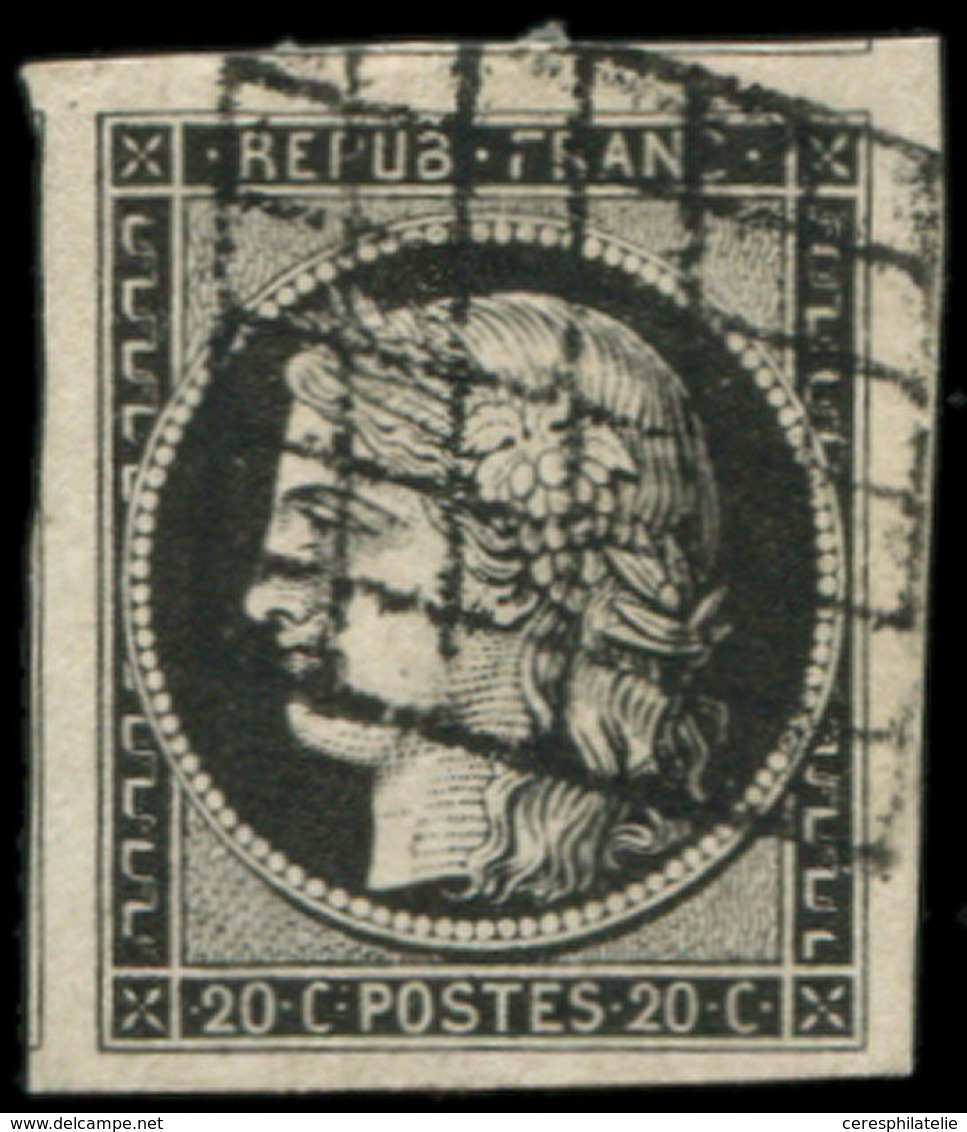 EMISSION DE 1849 - 3a   20c. Noir Sur Blanc, Oblitéré GRILLE, Grandes Marges, TTB/Superbe - 1849-1850 Cérès