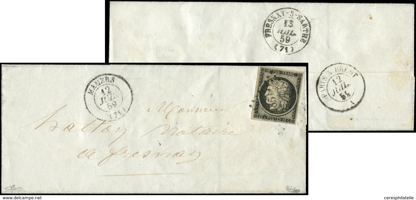 Let EMISSION DE 1849 - 3    20c. Noir Sur Jaune, Obl. PC 1851 S. LSC, Càd T15 MAMERS 12/7/59, RR, Superbe. C - 1849-1850 Cérès