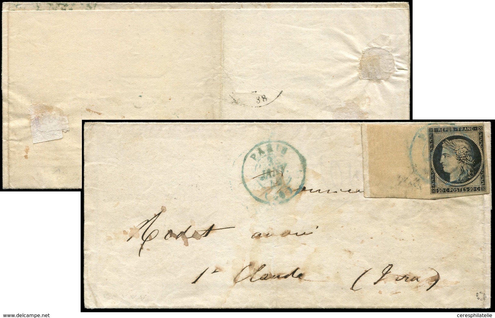 Let EMISSION DE 1849 - 3    20c. Noir Sur Jaune, Grand BORD De FEUILLE, Petite Froiss., Obl. Càd BLEU Répété à Côté PARI - 1849-1850 Ceres