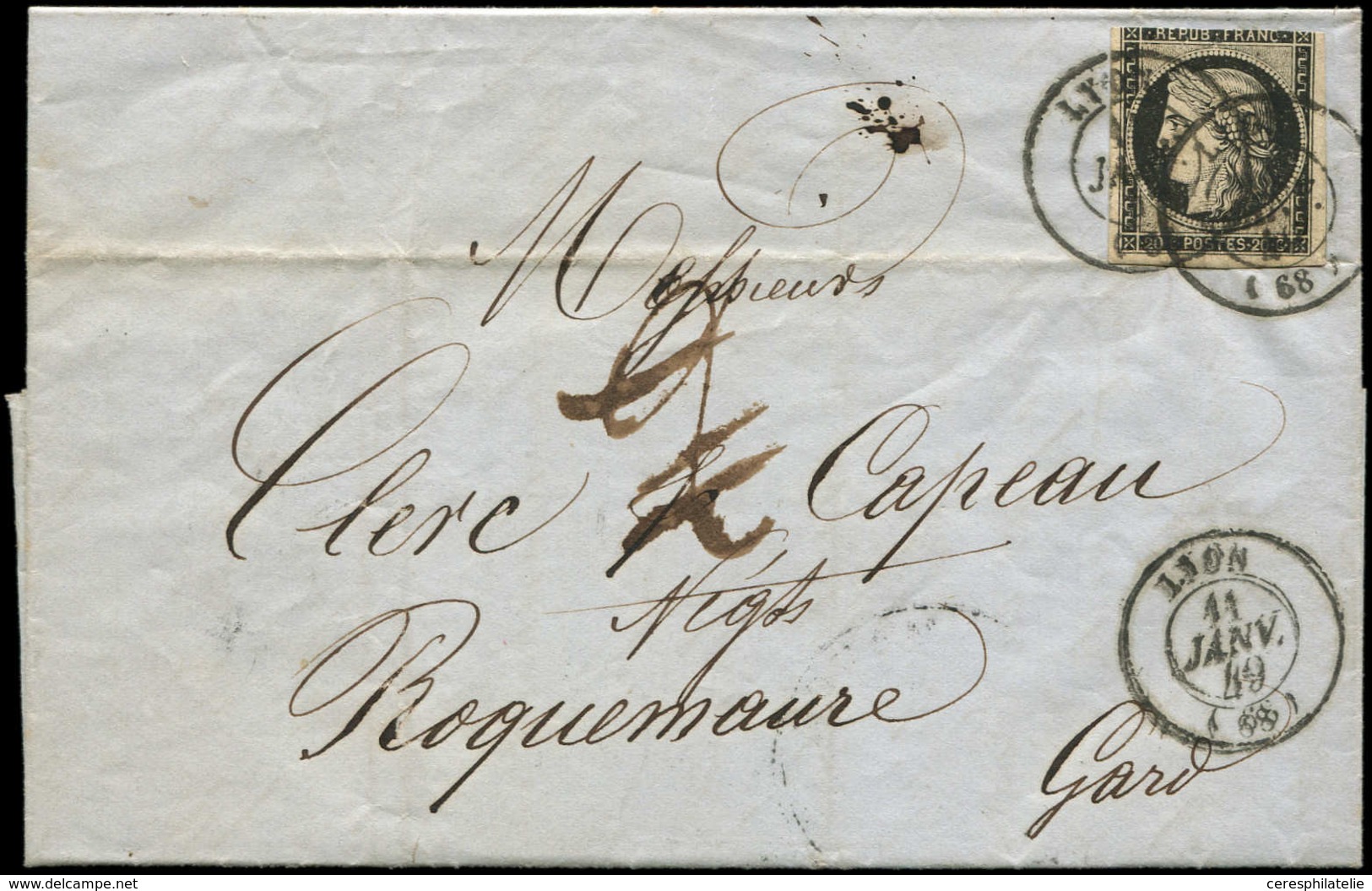 Let EMISSION DE 1849 - 3    20c. Noir Sur Jaune, Touché, Obl. Càd T15 LYON 11 JANV 49 (2 Frappes) S. LAC, Taxe 2 Annulée - 1849-1850 Ceres