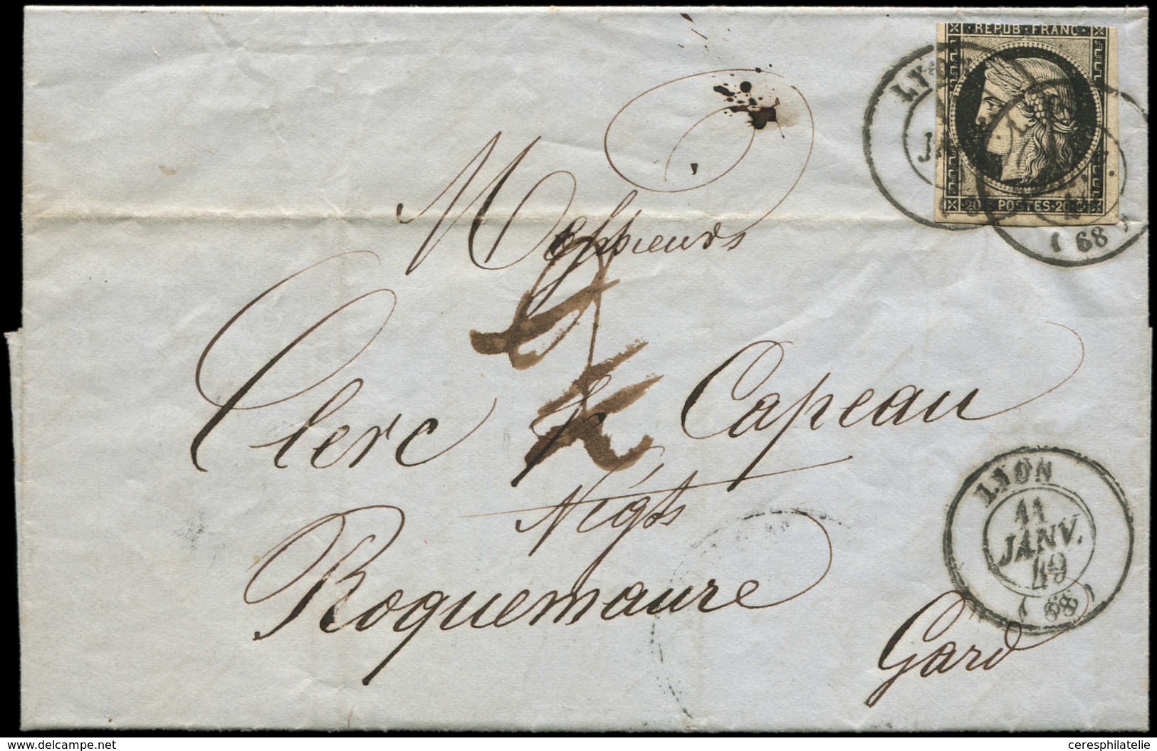 Let EMISSION DE 1849 - 3    20c. Noir Sur Jaune, Touché, Obl. Càd T15 LYON 11 JANV 49 (2 Frappes) S. LAC, Taxe 2 Annulée - 1849-1850 Cérès