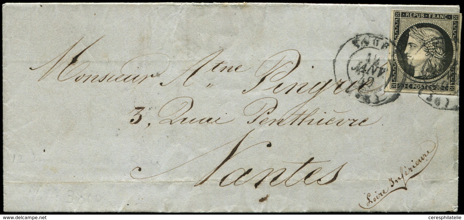 Let EMISSION DE 1849 - 3    20c. Noir Sur Jaune, Très Léger Pli D'archive, Obl. Càd T15 TOURS 12 JANV 49 S. LAC, Frappe  - 1849-1850 Ceres