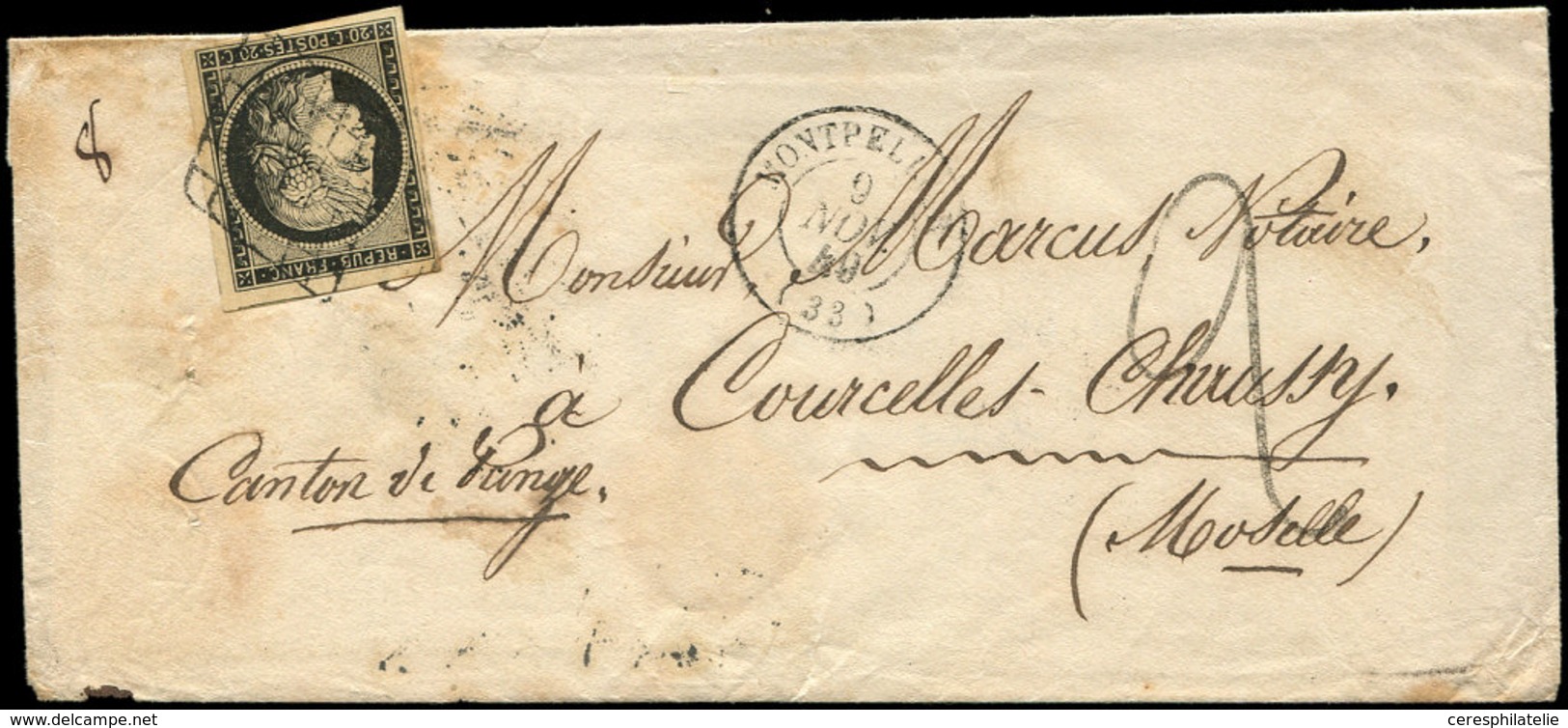 Let EMISSION DE 1849 - 3    20c. Noir Sur Jaune, Obl. GRILLE S. Env., Càd T15 MONTPELLIER 9/11/49, Taxe 2 (8gr.), TB - 1849-1850 Ceres