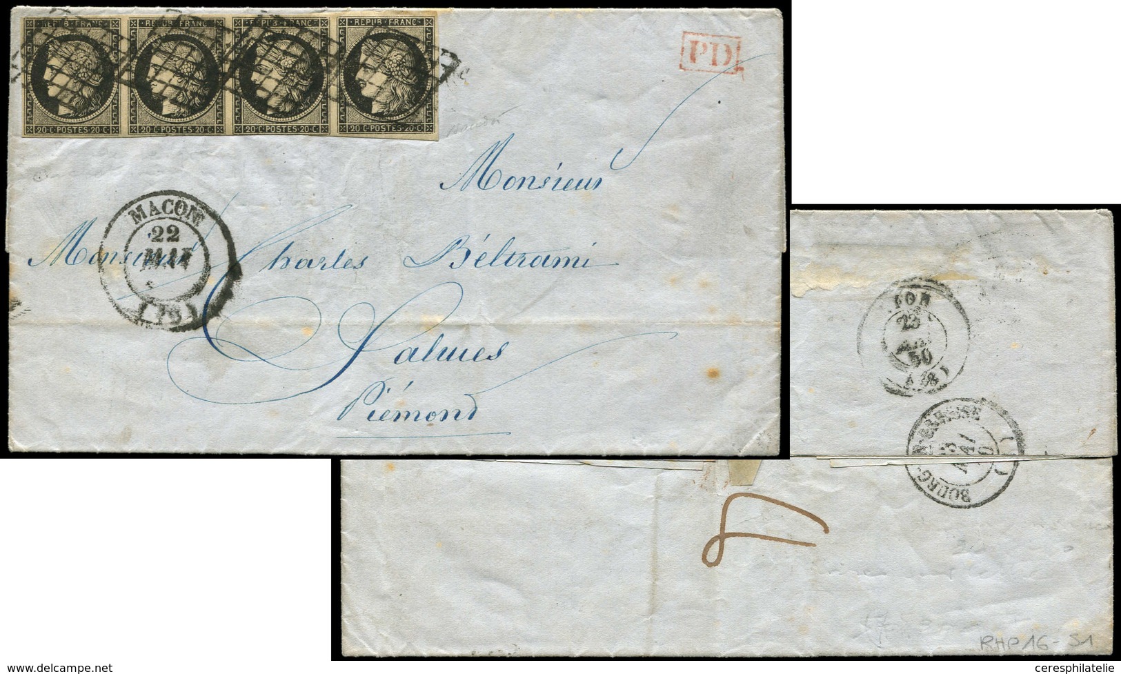 Let EMISSION DE 1849 - 3    20c. Noir Sur Jaune, BANDE De 4, Un Ex. Filet Effleuré Sur 1cm., Obl. GRILLE S. LAC, Càd T14 - 1849-1850 Ceres